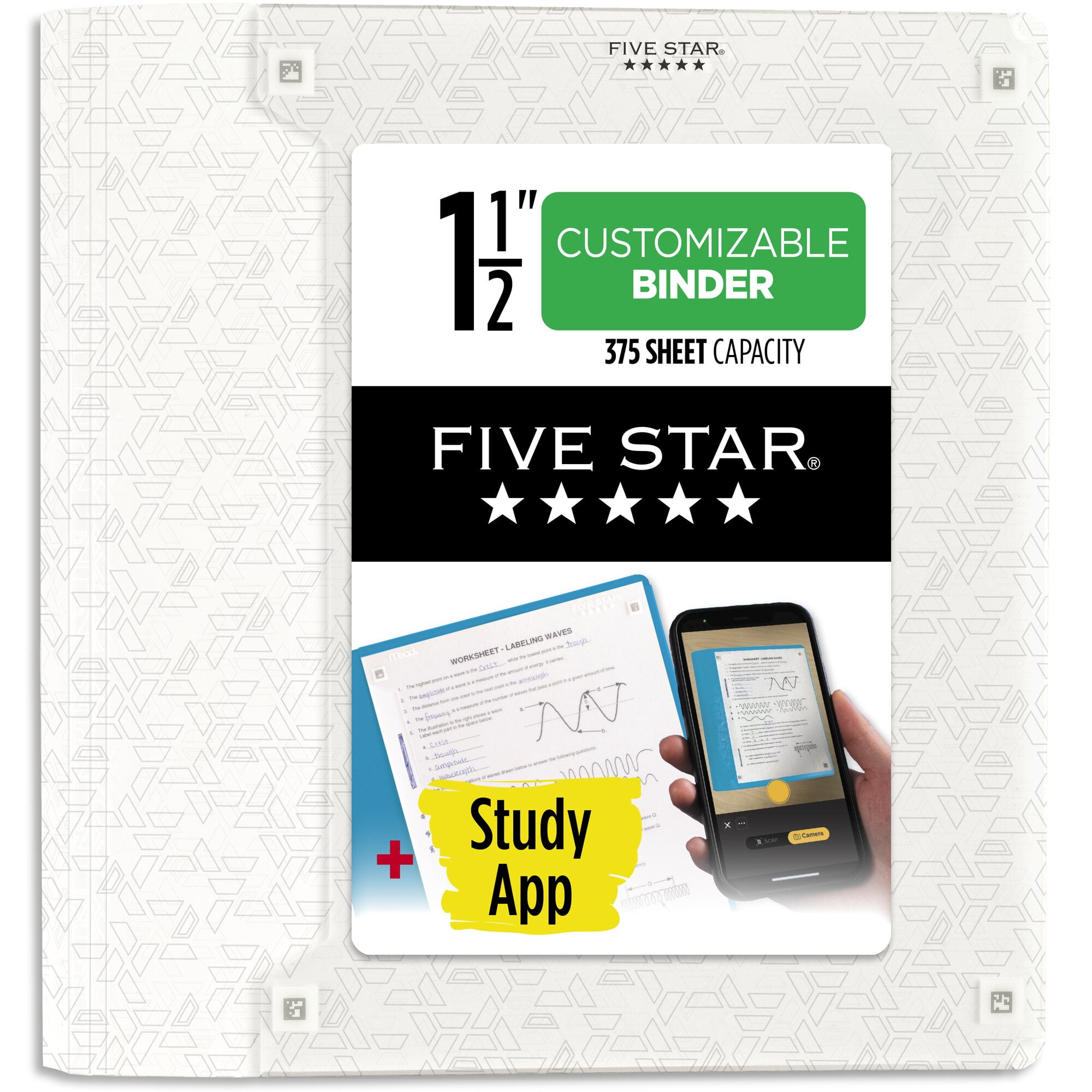 Five Star 1 12 Customizable Plastic Binder Plus Study App White - Binders &