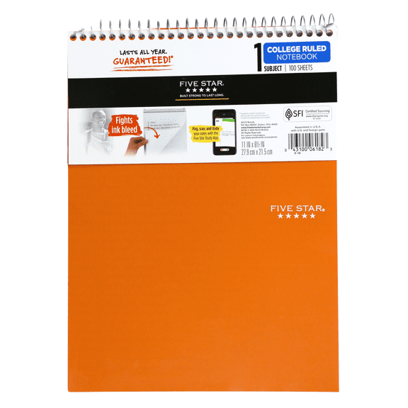 Five Star 1-Subject Spiral Top Bound Notepad [College Ruled]: 8-1/2 in. x 11 in. (Orange)