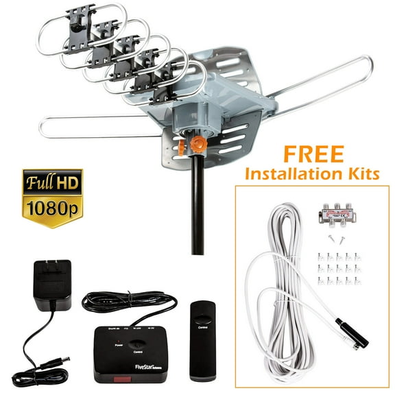 Five Star 150-Mile Outdoor Antenna with 360 Rotation, UHF/VHF/FM, Remote Control, Installation Kit
