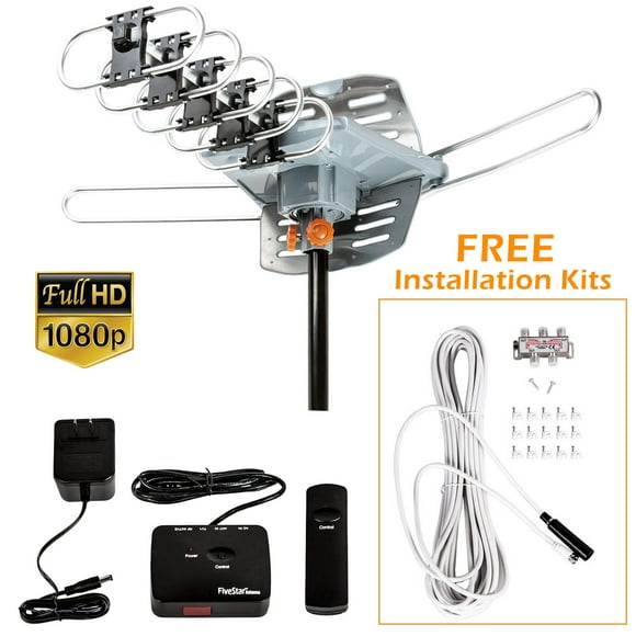 Five Star 150-Mile Outdoor Antenna with 360 Rotation, UHF/VHF/FM, Remote Control, Installation Kit