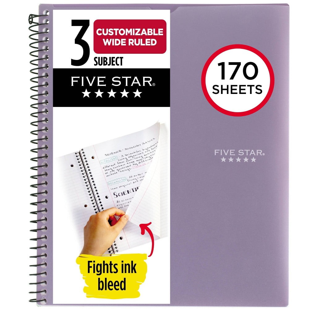 Five Star 170 Sheets 3 Subject Wide Ruled Customizable Notebook Feature Rich Lilac: Spiral, 8x10.5", Perforated Pages