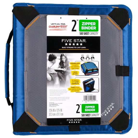 Five Star 2 Inch Zipper Binder w/ Expansion Panel, Blue, 1 Count