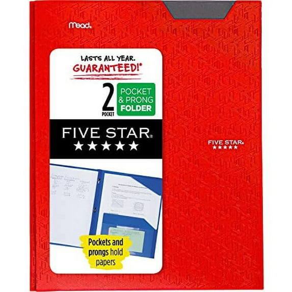 Five Star 2-Pocket Folder, Plastic Folder with Stay-Put Tabs and Prong Fasteners, Fits 3-Ring Binders, Includes Writable Label, Holds 11" x 8-1/2", Fire Red (72109)