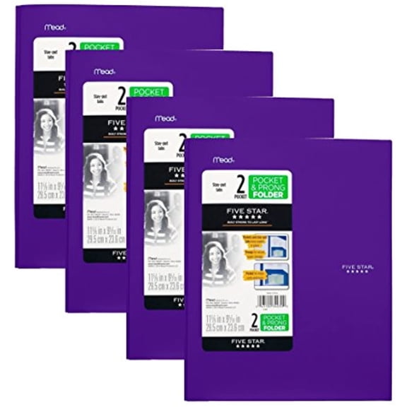 Five Star 2 Pocket Folders with Prong Fasteners, Stay-Put Folder, Folders with Pockets, Assorted Colors, 4 Pack (38064) (Purple, 4Pack)