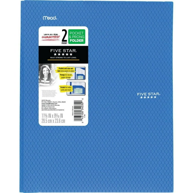 Five Star 2 Pocket Plastic Folder with Prongs (Colors May Vary