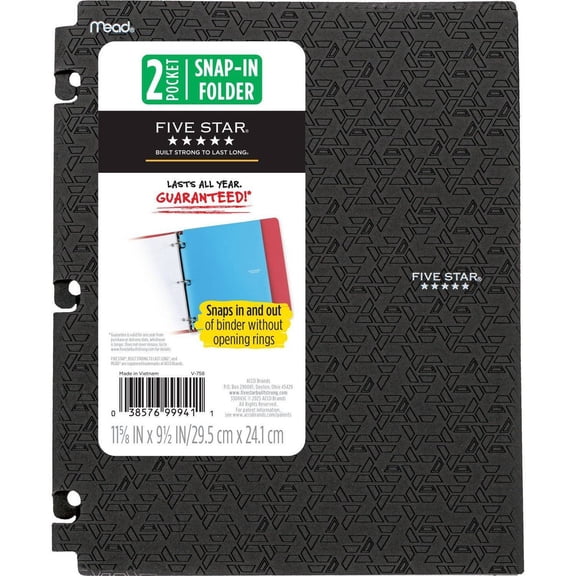 Five Star 2 Pocket Plastic Folders Snap In Portfolio Black