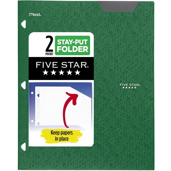Five Star 2-Pocket Stay-Put Plastic Folder, Forest Green (333420C-WMT22)