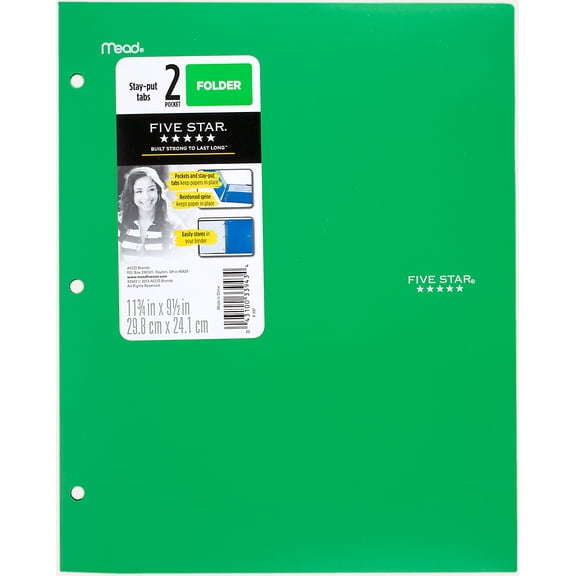 Five Star 2-Pocket Stay-put Tabs Folder with Three Hole Punched Green (33943)