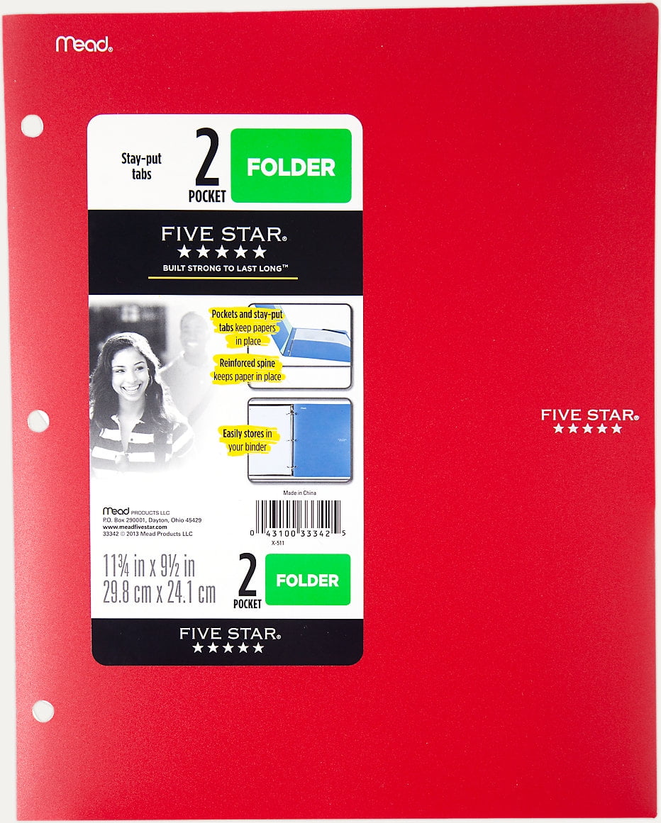 Five Star 2-Pocket Stay-put Tabs Folder with Three Hole Punched