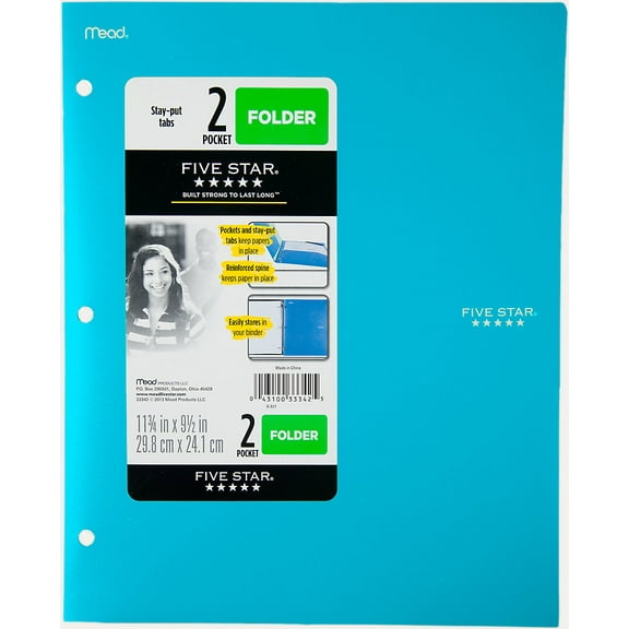 Five Star 2-Pocket Stay-put Tabs Folder with Three Hole Punched Teal (33943)