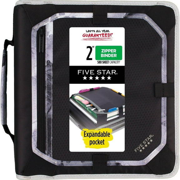 Five Star 2" Sewn Zipper Binder with Expansion Panel Black/Gray