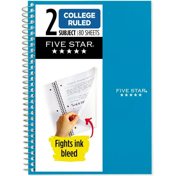 Five Star 2 Subject College Ruled Notebook, 6" x 9.5", Tidewater Blue, Poly, Spiral, 80 Sheets - pack of 2