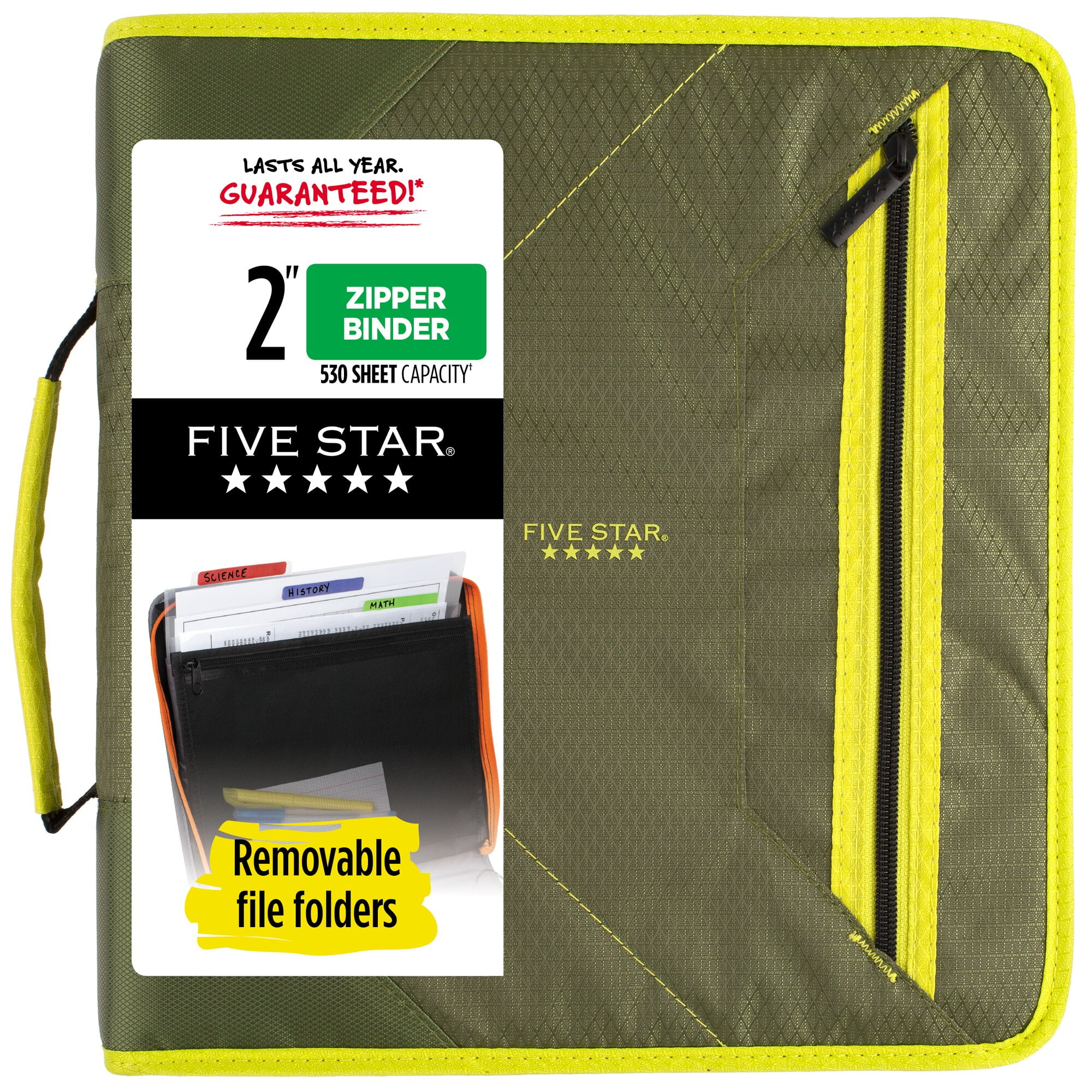 Five Star 2 Zipper Binder Plus File Folders OliveCitrus Zipper