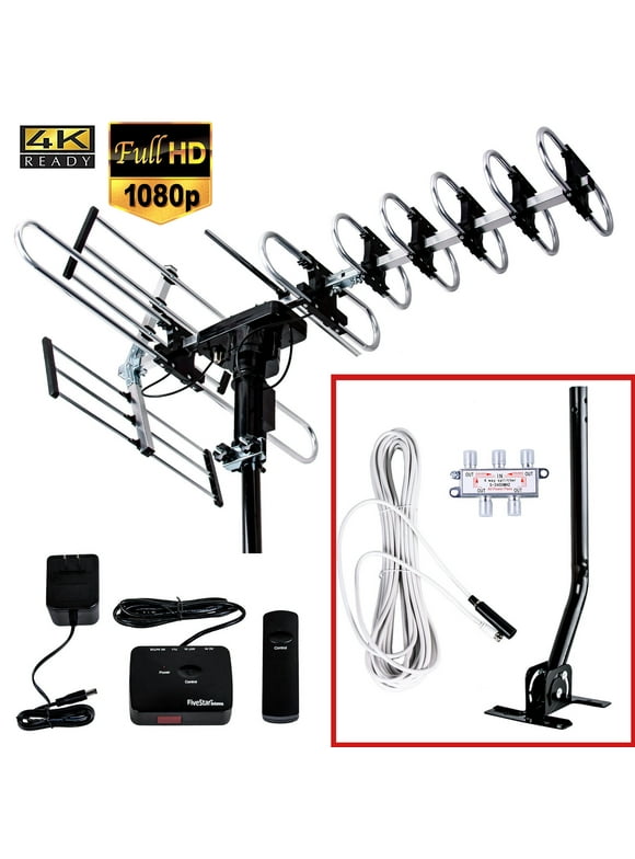 Five Star 200 Mlie Long Range Remote Outdoor Antenna 360 Degree Rotation with Installation Kit and Mounting Pole