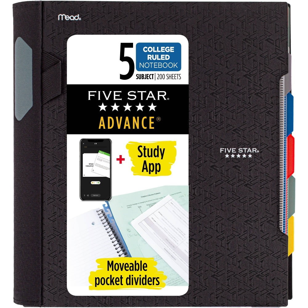 Five Star 200 Sheets 5 Subject College Ruled Spiral Notebook with Pocket Dividers Black: Lined Paper, 3 Hole Punched