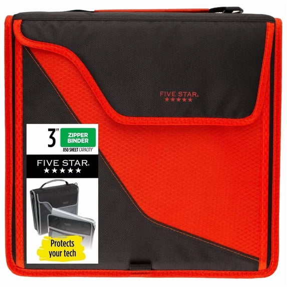 Five Star 3" Sewn Zipper Binder Black and Red