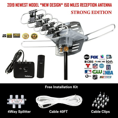 Five Star 360 Degree Rotation TV Antenna Kit with 150 Miles Reception Range, Silver