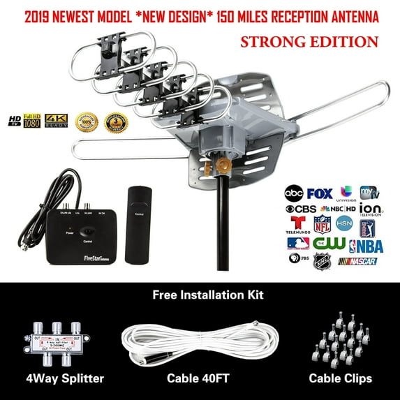 Five Star 360 Degree Rotation TV Antenna Kit with 150 Miles Reception Range, Silver