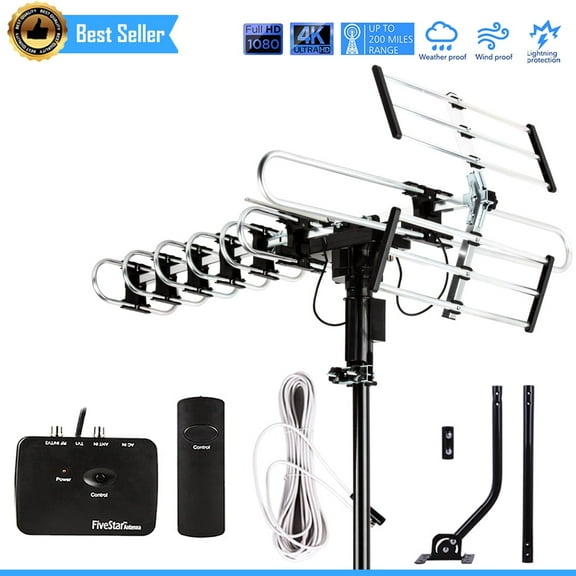 Five Star 3806 Outdoor Rotational TV Antenna w/ 17" Extension Pole – 200-Mile Range | Cable & OTA Signal Booster