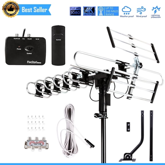 Five Star 3806 Premium Outdoor Rotating Antenna with Extension Pole - 200-Mile Range for Cable & Free Local Channels