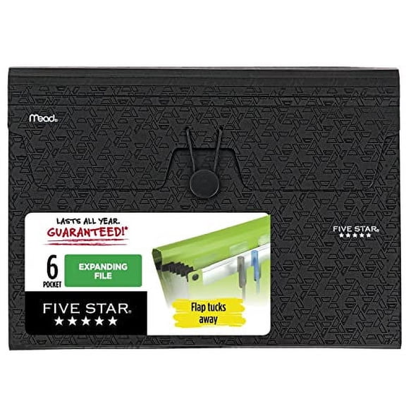 Five Star 6-Pocket Expanding File Organizer, Plastic Expandable File Folders with Pockets and Tab Inserts, Holds 11" x 8-1/2", Bungee Closure, Black (72391)