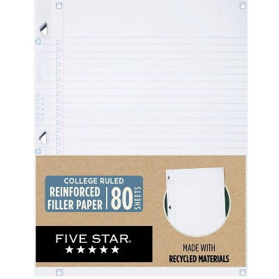 Five Star 80ct College Ruled Loose Leaf Filler Paper Recycled Reinforced: 8.5x11", 100% Recycled, White, Stationery