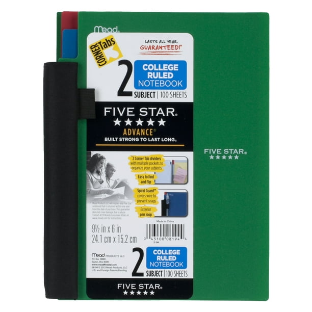 Five Star Advance 2 Subject Notebook, Green