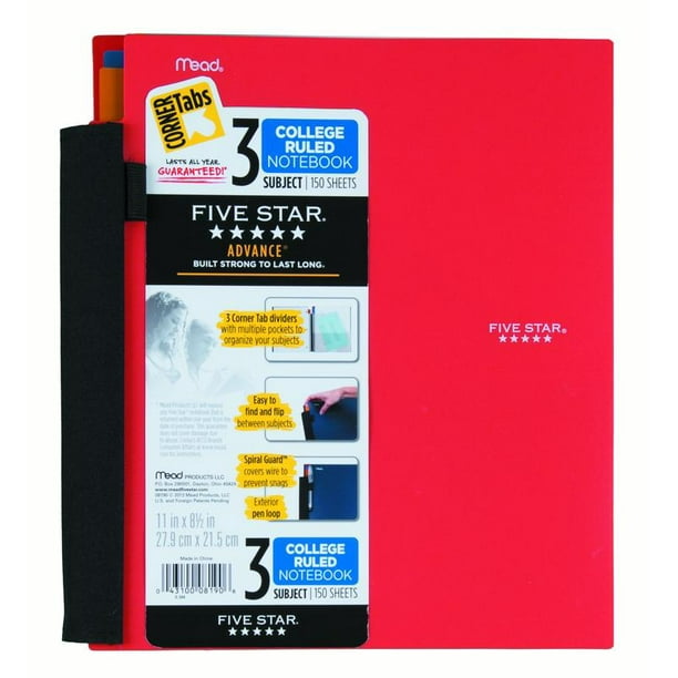 Five Star Advance 3 Subject Notebook, Red