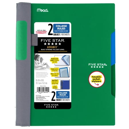 Five Star Advance Notebook- 9.5" x 6" - 2 Sub, 100ct CR, Green