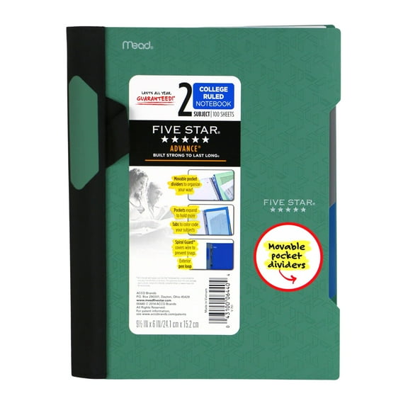 Five Star Advance Small 2-Subject Spiral Guard Notebook [College Ruled]: 6 in. x 9-1/2 in. (Green)