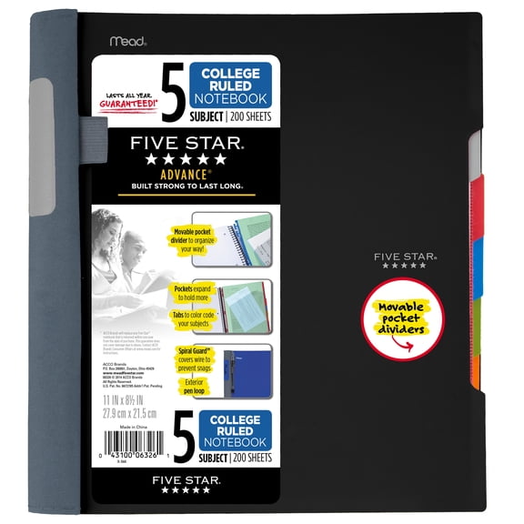 Five Star Advance Notebook - 5 Sub, 200ct CR, Black