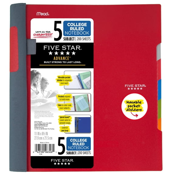 Five Star Advance Notebook - 5 Sub, 200ct CR, Red