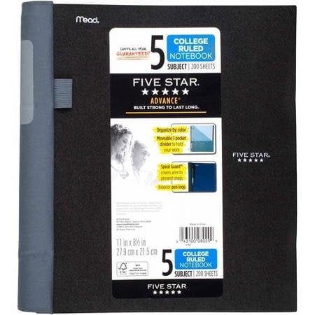 Five Star Advance Spiral Notebook-Standard Size, 5 Subject, College Ruled, 8.5 x 11 Inch Sheet Size, Black (73144)