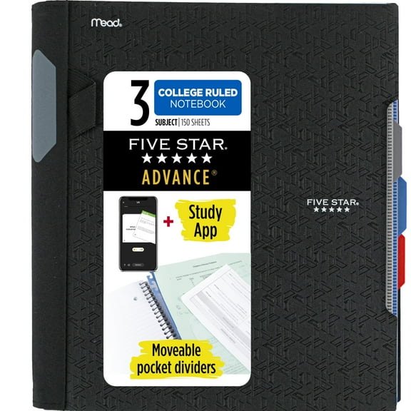 Five Star Advance Spiral Notebook + Study App, 3 Subject, College Ruled Paper, 8-1/2" x 11", 150 Sheets, Spiral Guard, Movable Tabbed Dividers, Black (73132)