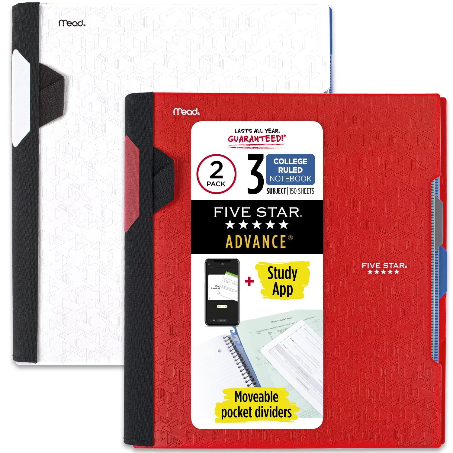 Five Star Advance Spiral Notebooks + Study App, 2 Pack, 3 Subject, College Ruled Paper, 11" x 8-1/2", 150 Sheets, with Spiral Guard and Movable Dividers, Red, White (820111)