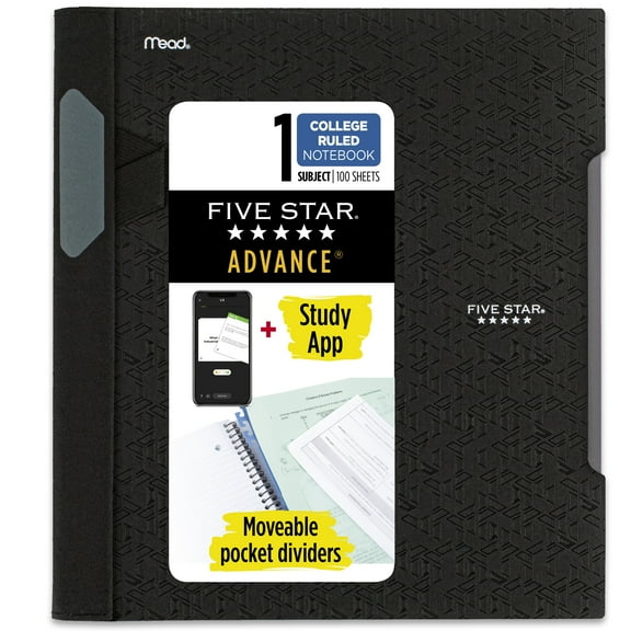 Five Star Advance 1 Subject College Ruled Notebook Plus Study App, 8.5" x 11", Black, Poly, Spiral, 100 Sheets