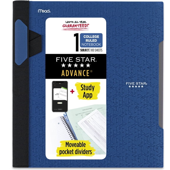 Five Star Advance Wirebound Notebook Plus Study App, 1 Subject, College Ruled, Pacific Blue (820012J-WMT)