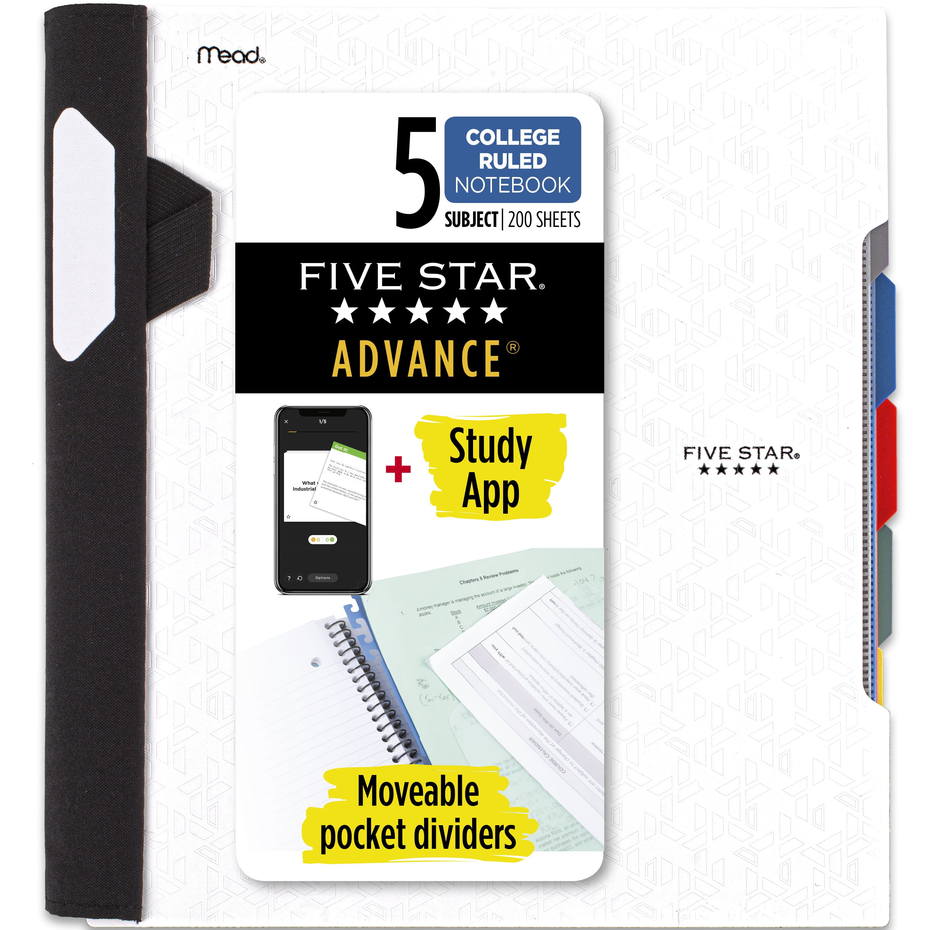 Five Star Advance Wirebound Notebook Plus Study App, 5 Subject, College Ruled, White (820013A-WMT)