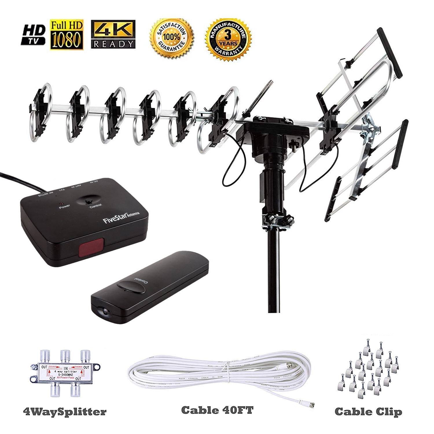 360° Rotational Outdoor HD Digital Antenna with Copper Cable - Black
