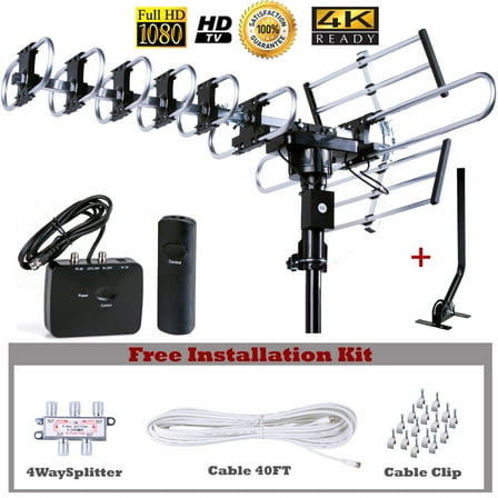 Five Star Black Outdoor 4K HDTV Antenna with 360° Rotation, Long Range Up to 300 Miles, UHF/VHF/FM Radio, Remote Control, J-Pole Included