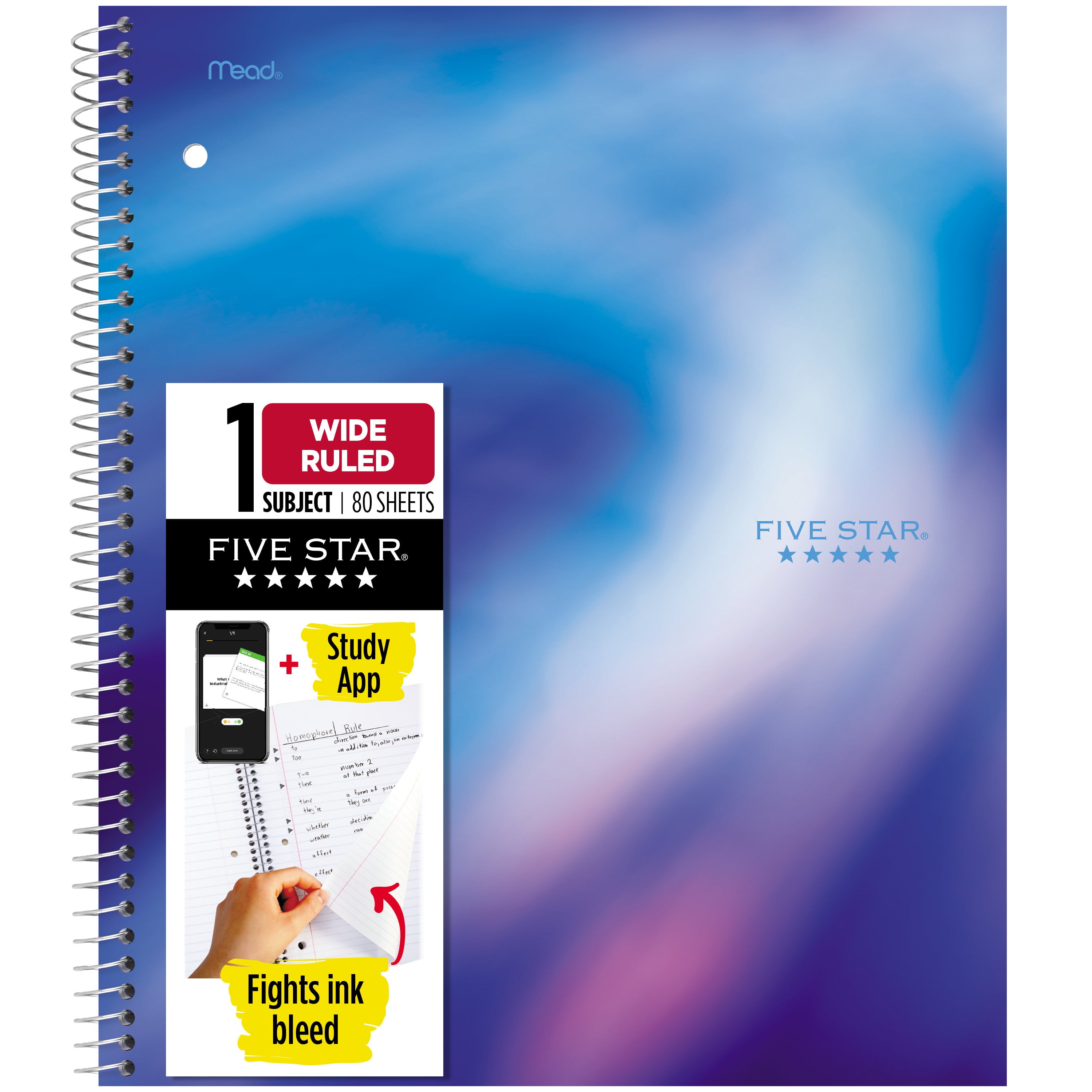 Five Star Hyper Glow 1 Subject Wide Ruled Notebook Plus Study App, 8" x 10.5", Light Play, Poly, Spiral, 80 Sheets