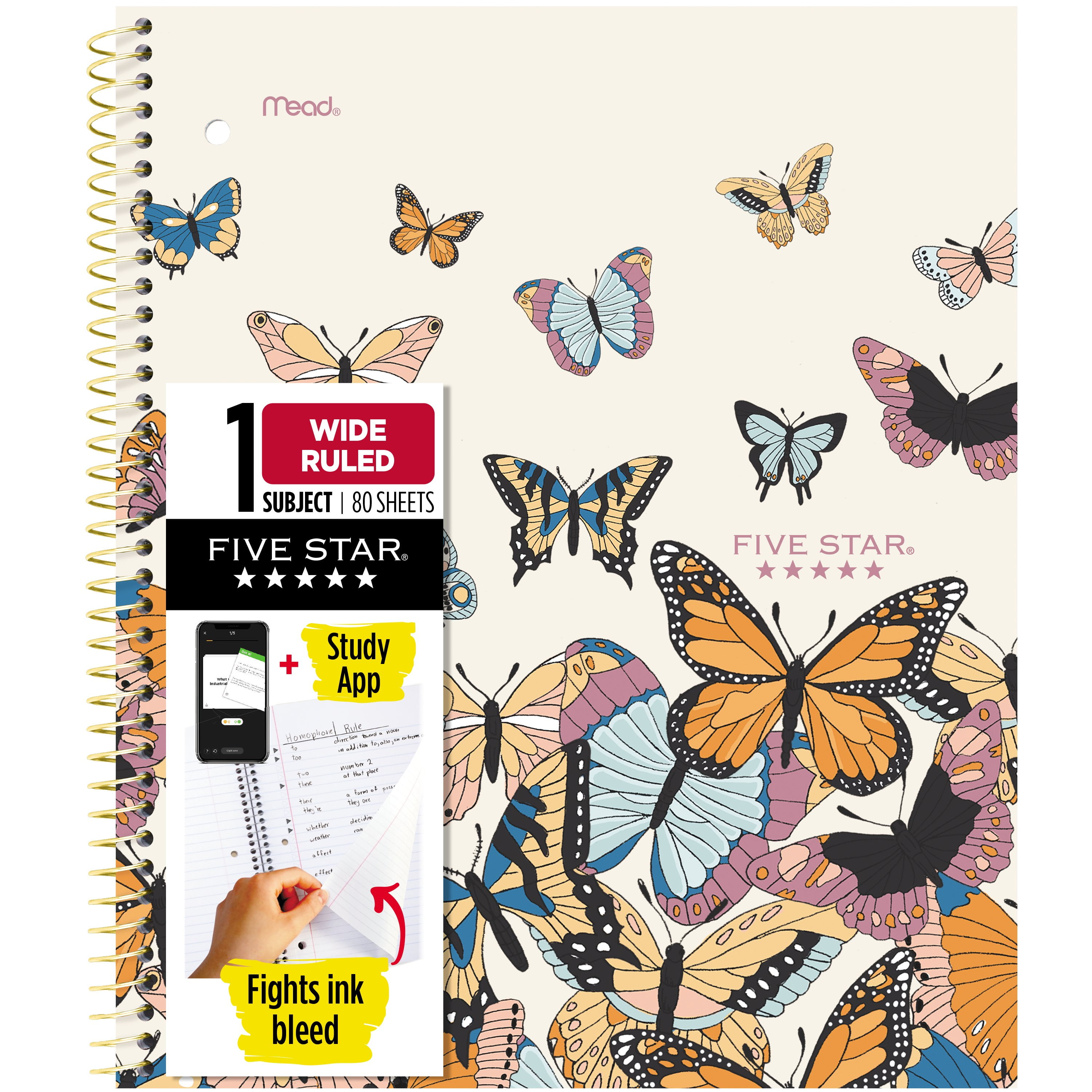 Five Star Butterflies 1 Subject Wide Ruled Notebook Plus Study App, 8" x 10.5", Flutter Fade, Poly, Spiral, 80 Sheets