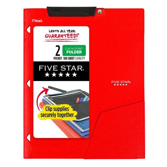 Five Star Clip 'N Store 2-Pocket Folder: 9-1/2 in. x 0.319 yds. (Fire Red)