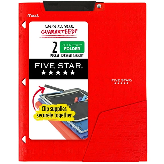 Five Star Clip N Store 2-Pocket Folder Fire Red - Pocket Folders