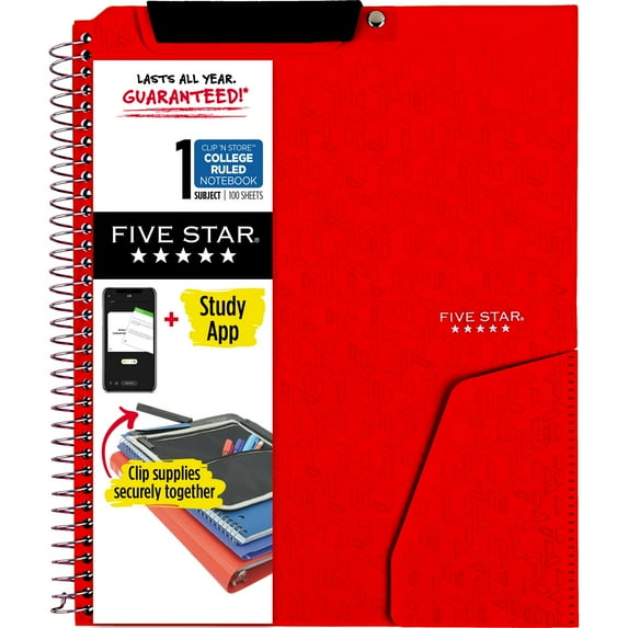 Five Star® Clip 'N Store Wire-Bound Notebook, 8-1/2" x 11", 1-Subject, College Ruled, 100 Sheets, Fire Red