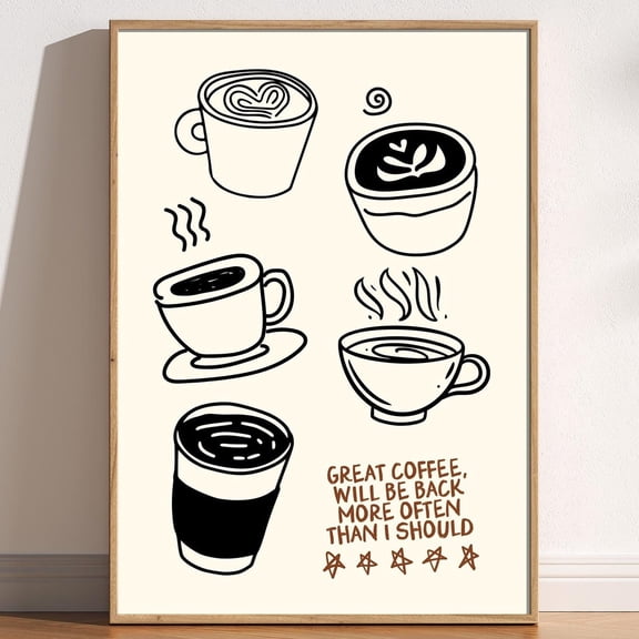 Five Star Coffee Print, Coffee Review, Fun Quirky Coffee Lover Wall Art, Kitchen Coffee Print, Cafe Decor, Coffee Shop Minimalist Doodle Art Wall Art, Modern Wall Decor, 8x12 UNFRAMED