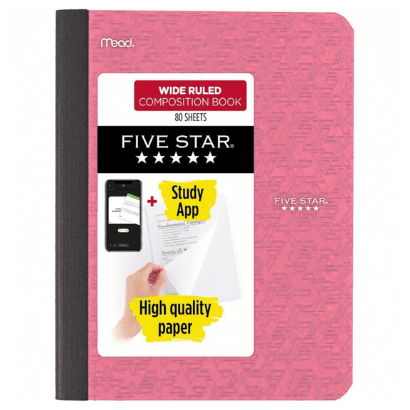 Five Star Composition Book: 7-1/2 in. x 9-3/4 in. (Pink) 80 sheets 950033PNK