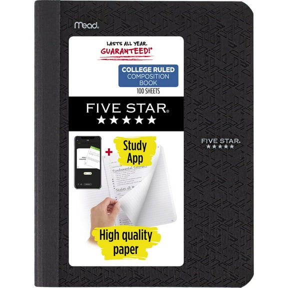 Five Star Composition Book Plus Study App, College Ruled, 100 Sheets, Black (850001H-WMT)