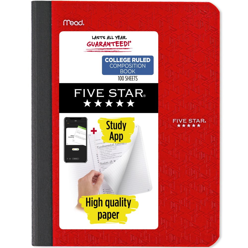 Five Star Spiral Notebooks + Study App, 3 Pack, 1 Subject, College Ruled  Paper, Pockets, 100 Sheets, Home School Supplies for College Student or  K-12