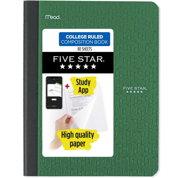 Five Star Composition Book Plus Study App, College Ruled, 80 Sheets, Poly, 7.5" x 9.75", Forest Green
